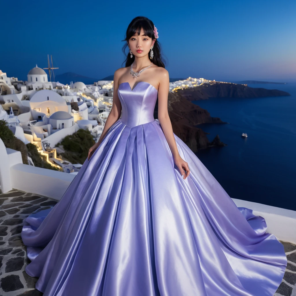 Elegant woman in lavender satin gown at night in Santorini
