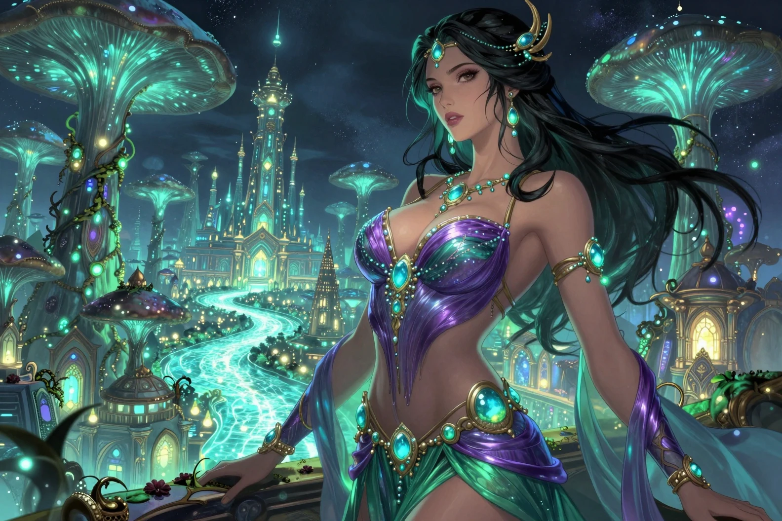 Bioluminescent Queen Overlooking A Glowing Fantasy City