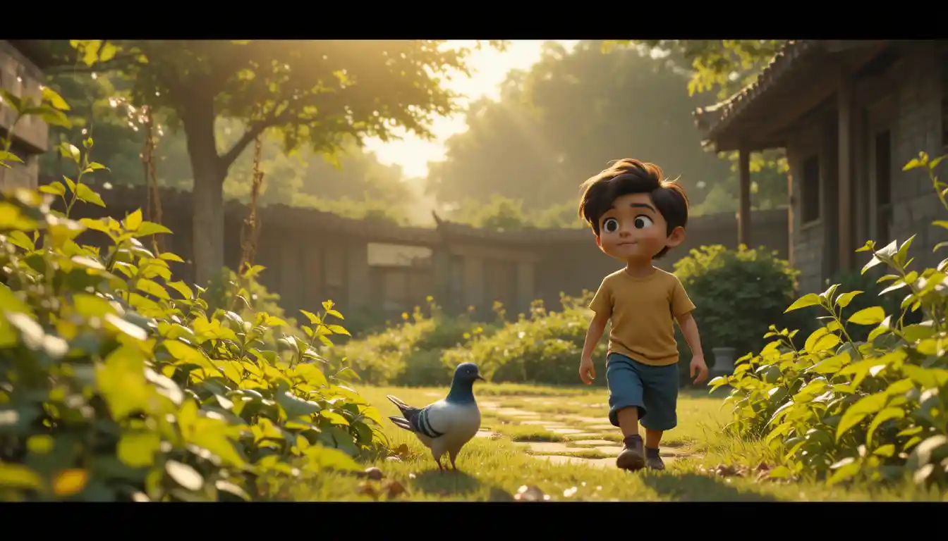 Curious village boy walking through a sunlit garden