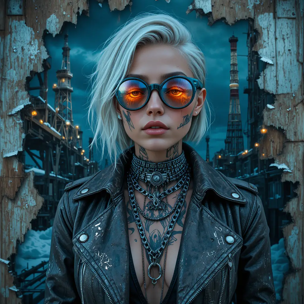 Poster di donna cyberpunk fuso con parete d’acciaio industriale