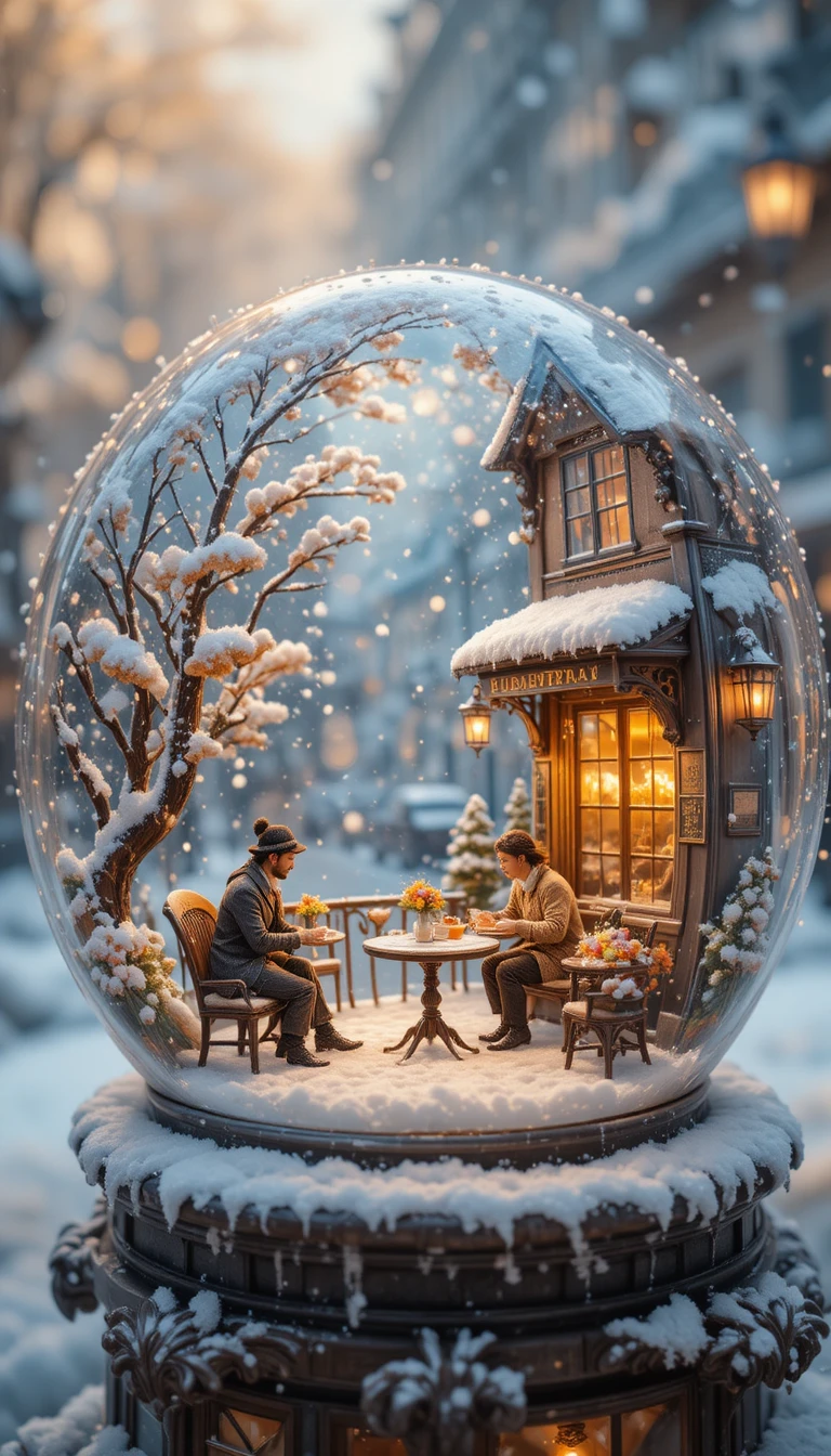 Whimsical snow globe with tiny parisian cafe in snowfall