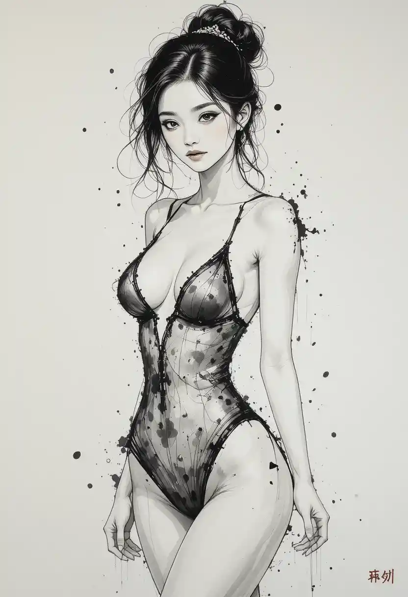 Elegant ink drawing of a woman in a monokini pose