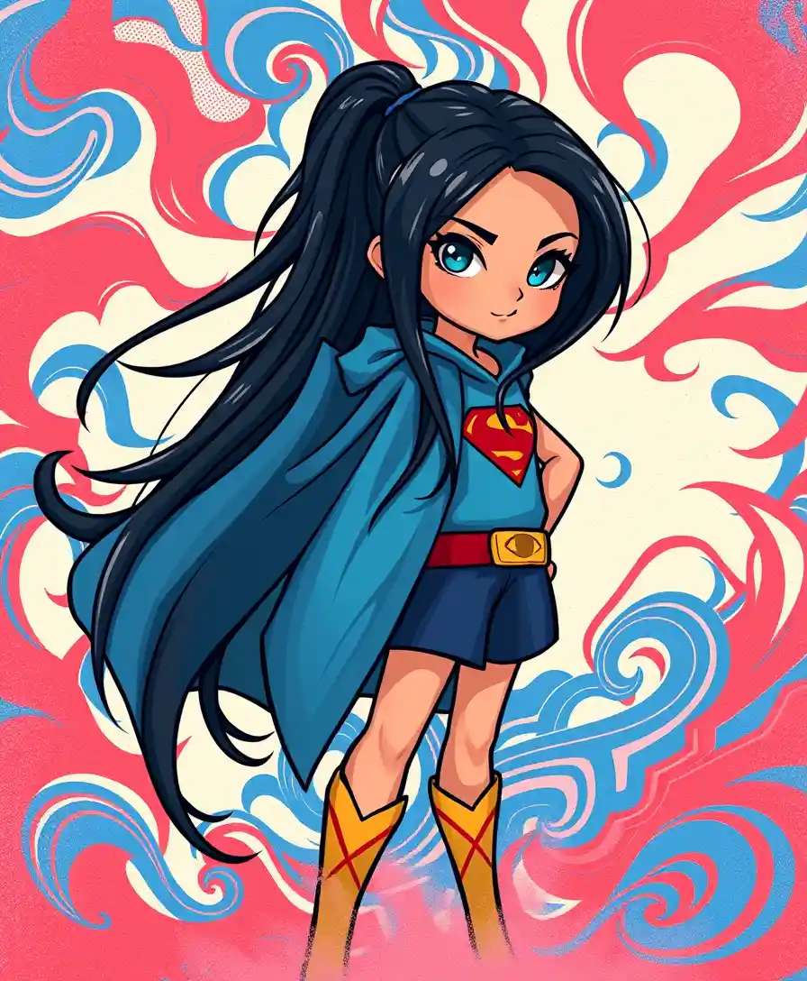 Confident young girl with flowing dark hair in bold colors