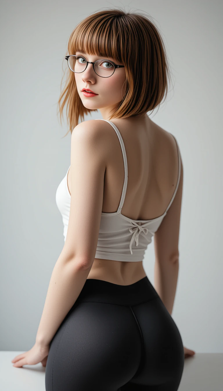 Curvy woman in tank top and leggings leaning forward