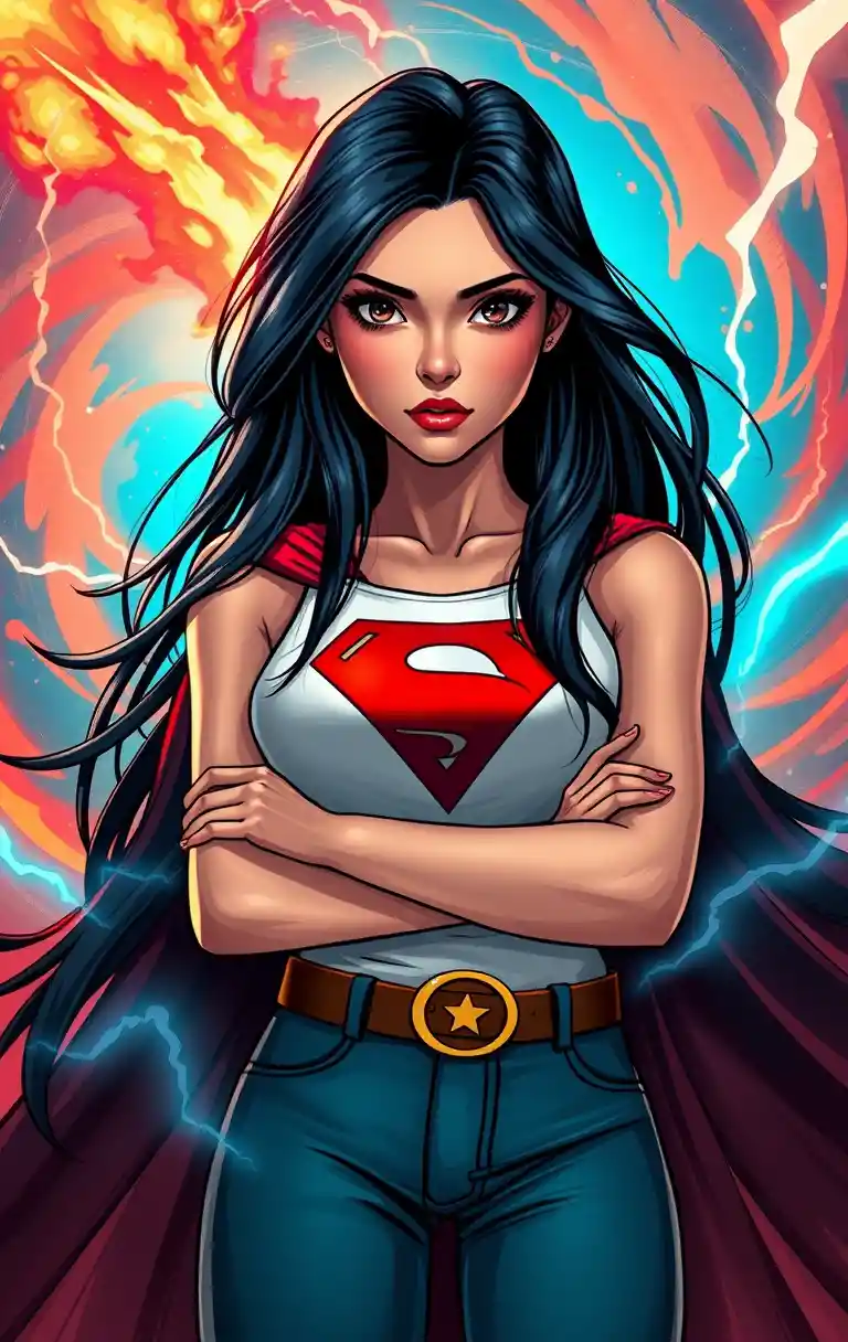Young heroine stands in swirling blue and red energy