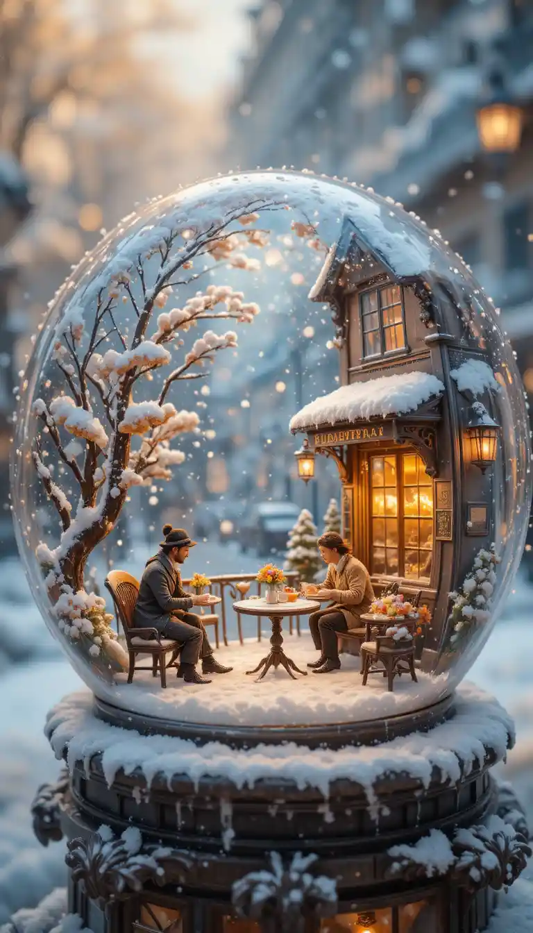 Whimsical snow globe with tiny parisian cafe in snowfall