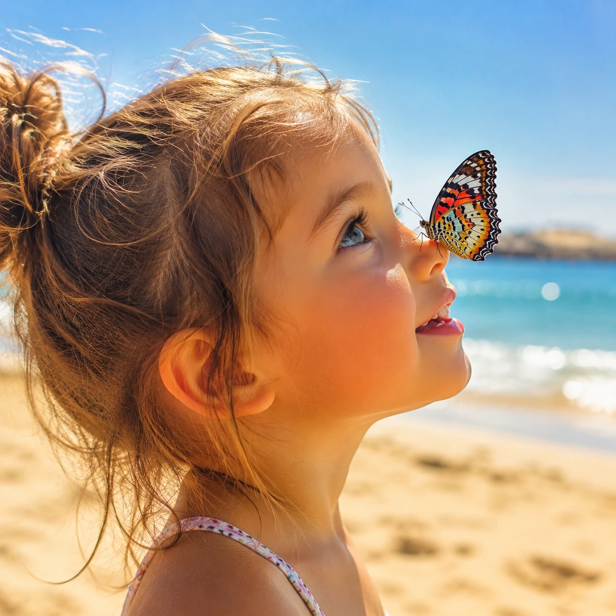 Niña pequeña con una mariposa en la nariz en la playa