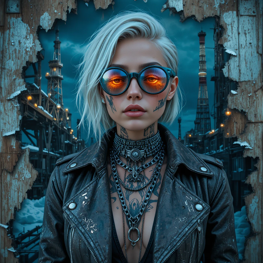 Cyberpunk woman poster fused with industrial steel wall