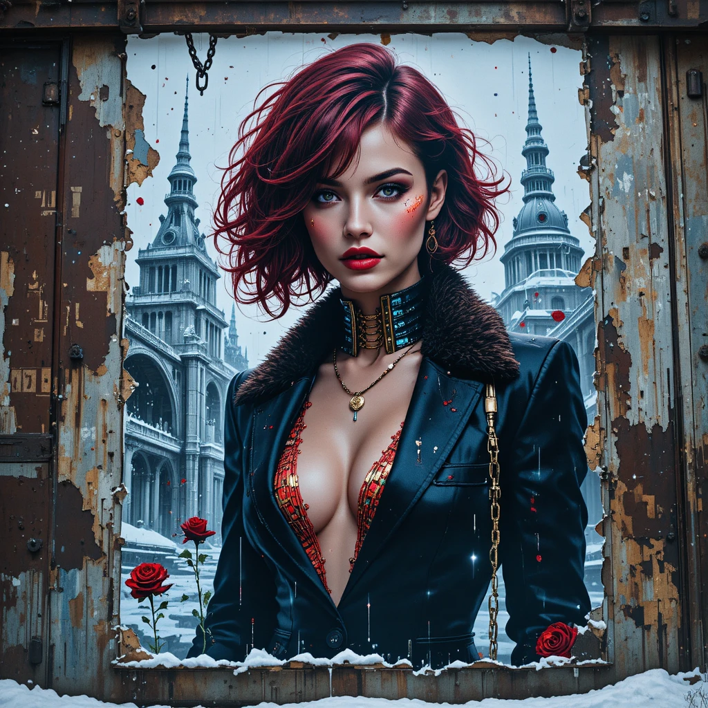 Cinematic glitch portrait poster on a frozen bunker wall