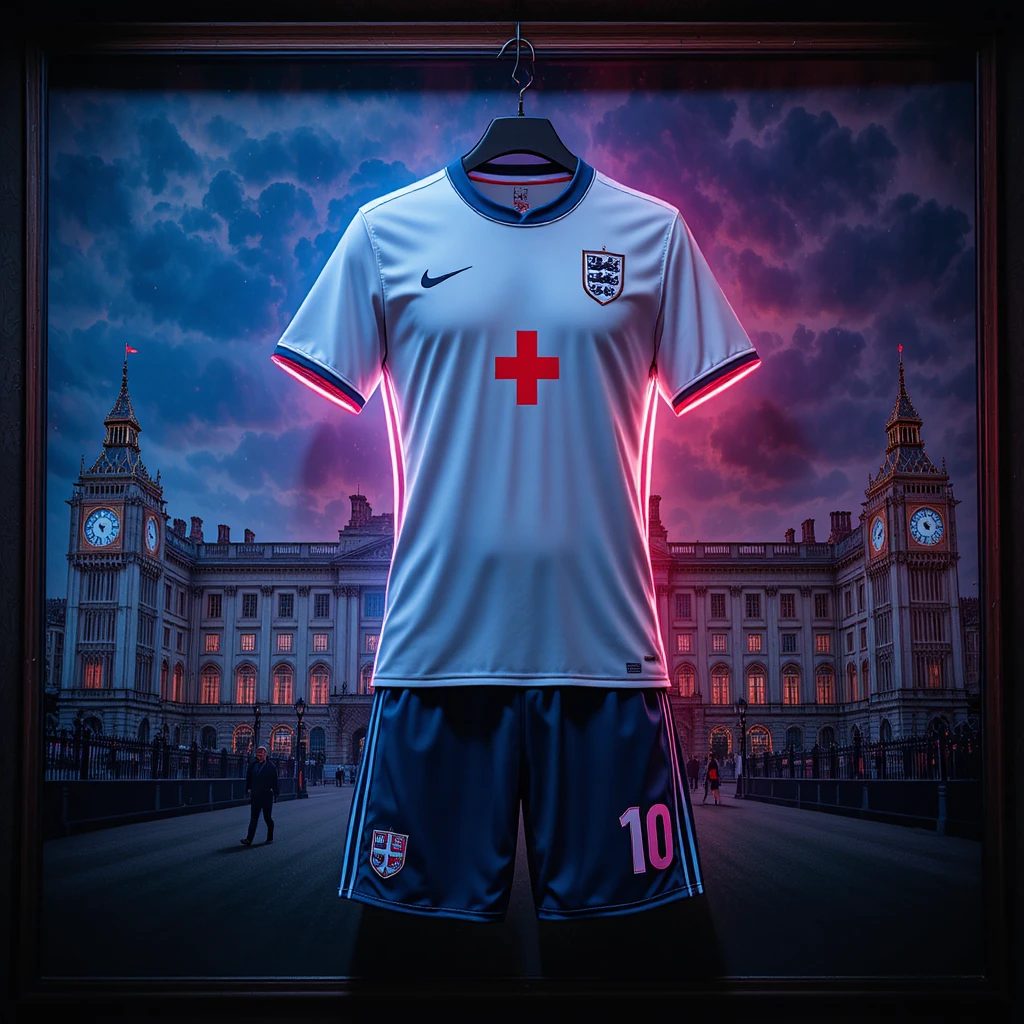 England football kit with city icons in front of palace poster