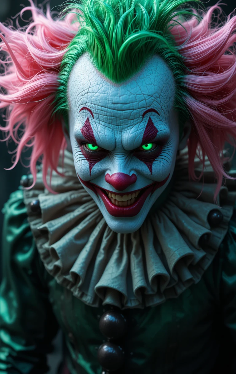 Sinister clown with pink and green hair and dark outfit