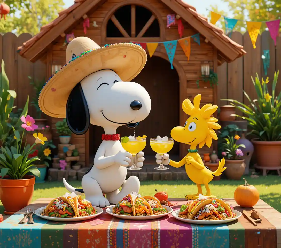 Cartoon dog and bird sharing tacos in sunny backyard