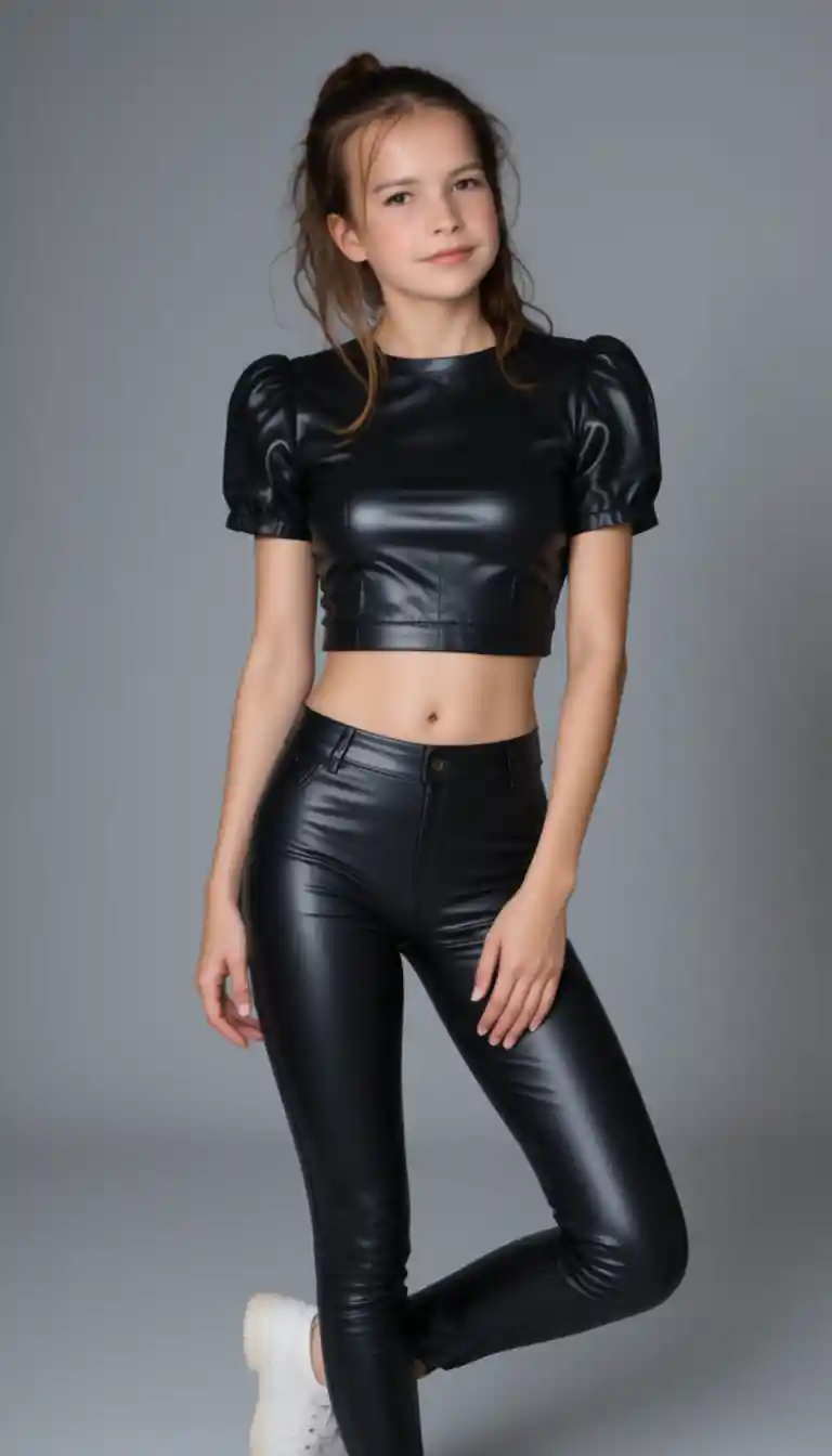 Young woman in black leather outfit against gray studio