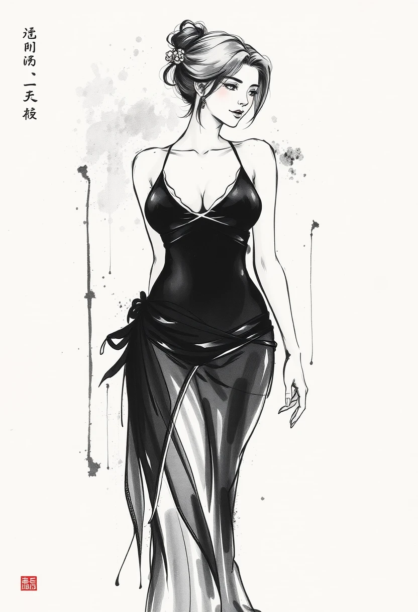 Elegant woman in monokini rendered as monochrome ink drawing