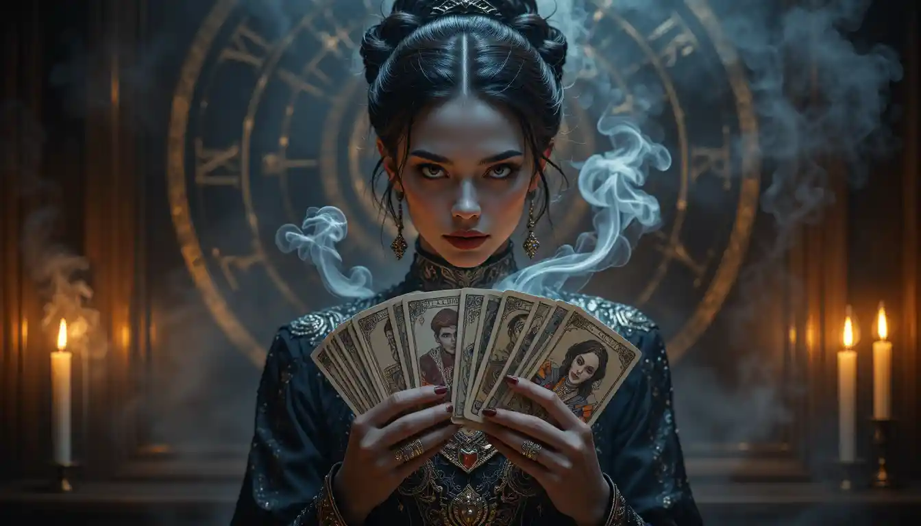 Mystical woman holding tarot cards in candlelit smoke