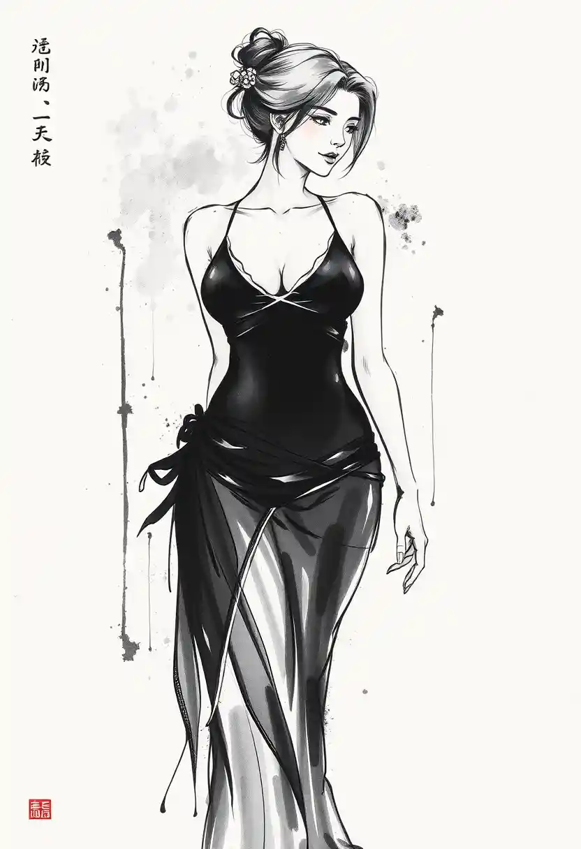 Elegant woman in monokini rendered as monochrome ink drawing