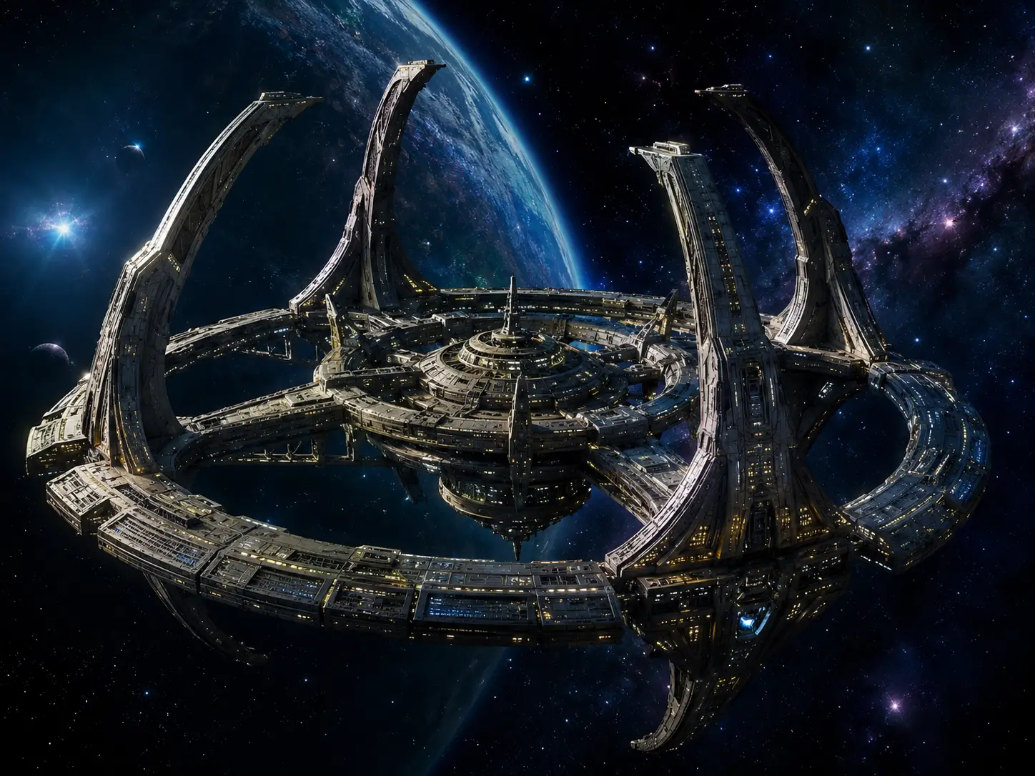 Mythic digital painting of a gleaming deep space station