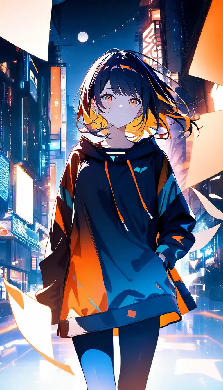 Young woman walking through neon lit city at night
