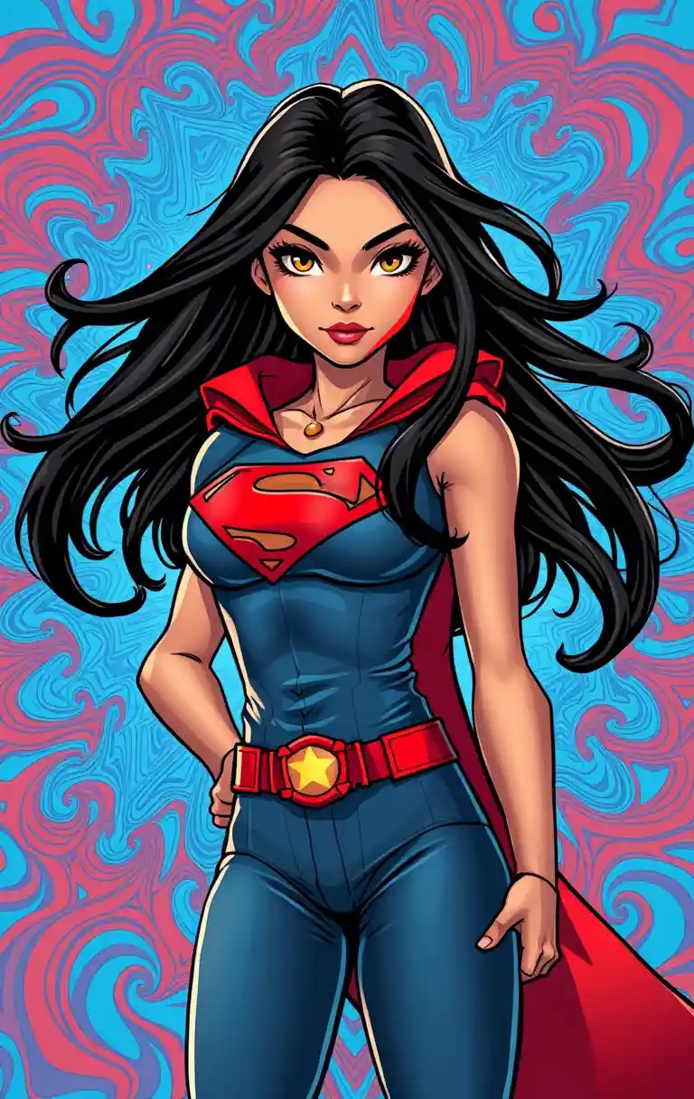 Fearless young heroine with glowing eyes in abstract colors
