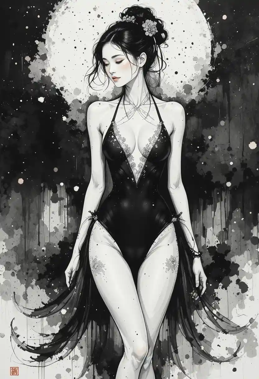 Elegant ink portrait of a woman in a monokini