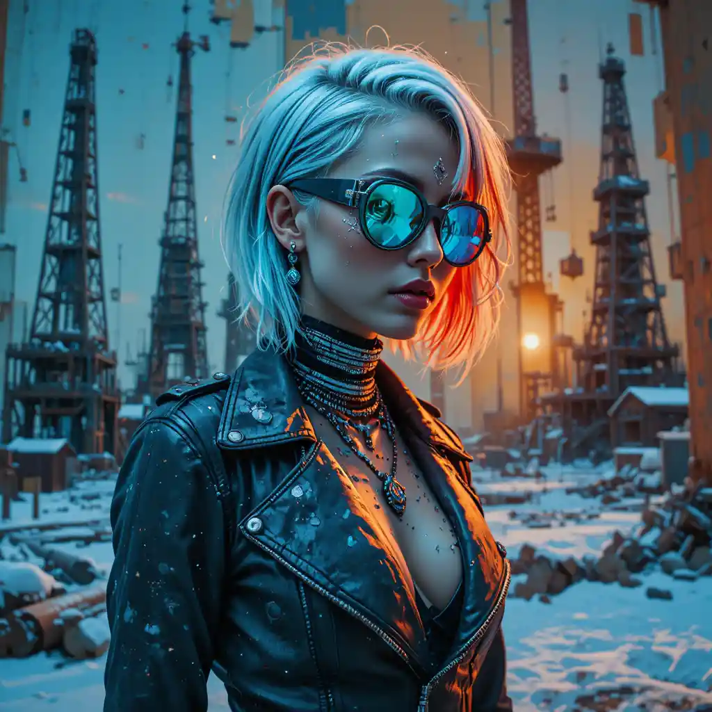 Fearless cyberpunk woman on a decayed industrial poster wall