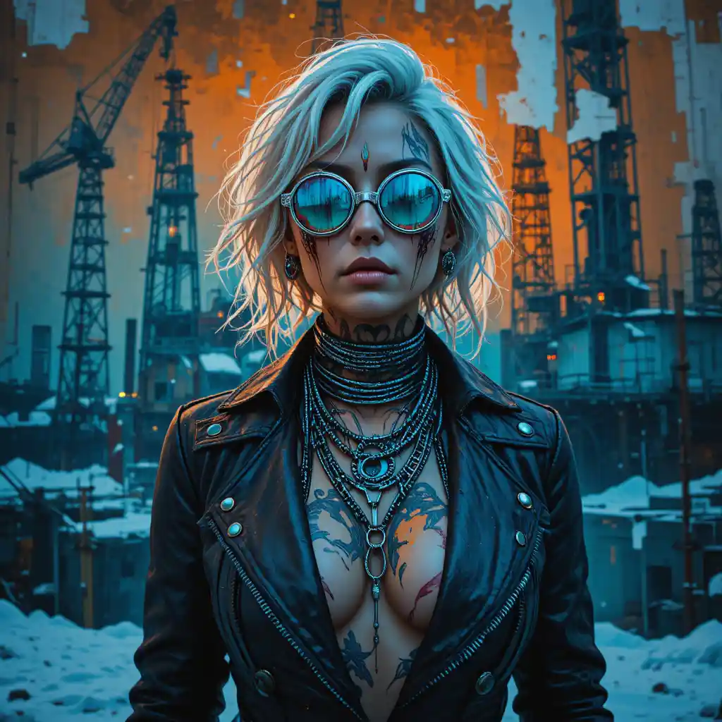 Fearless cyberpunk woman on a weathered industrial poster
