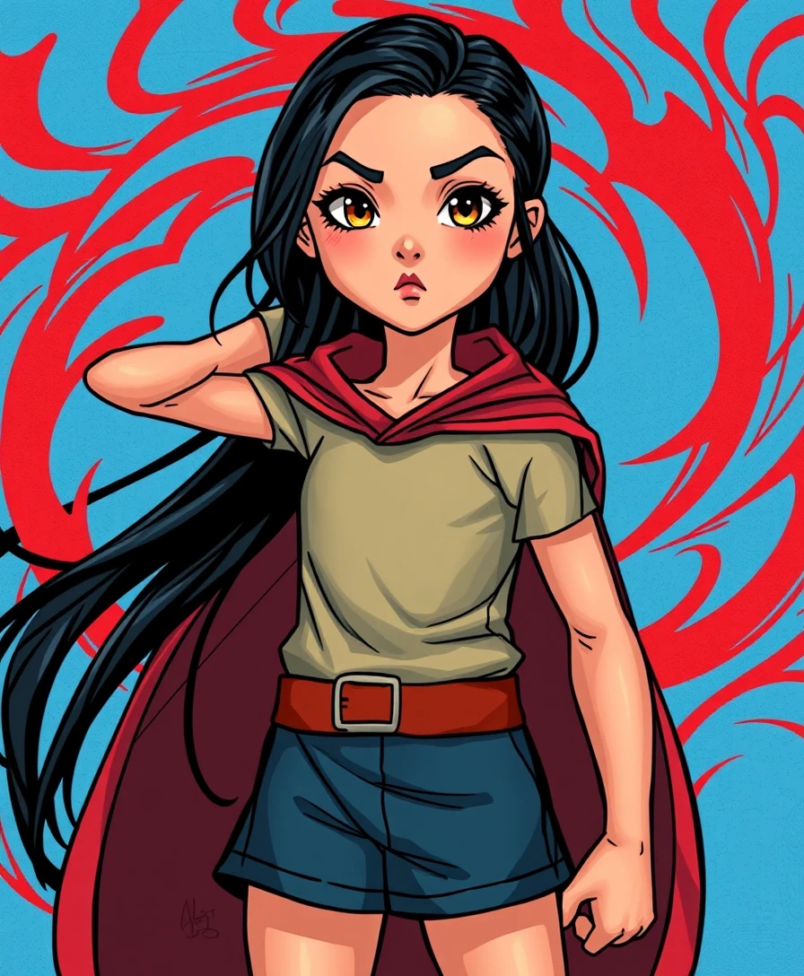 Confident girl in dynamic blue and red comic energy