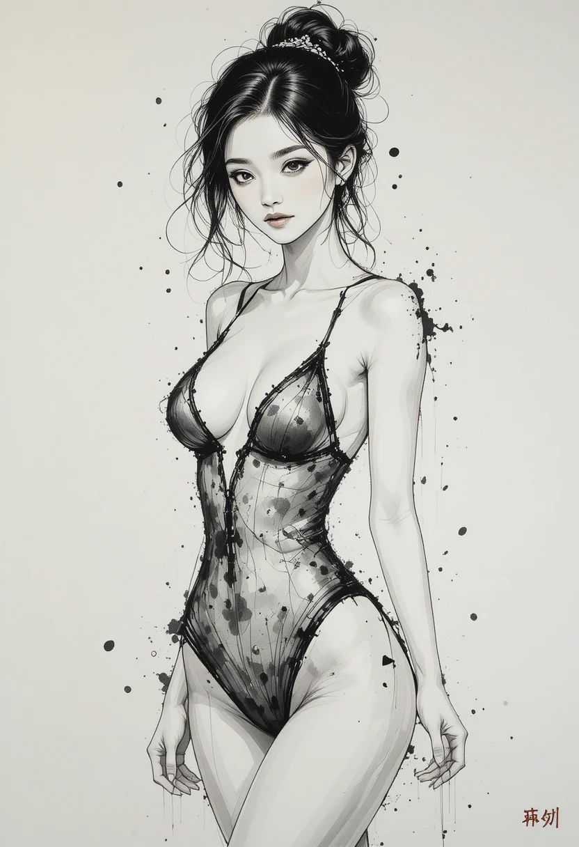 モノキニ姿の女性を描いたエレガントなインク画