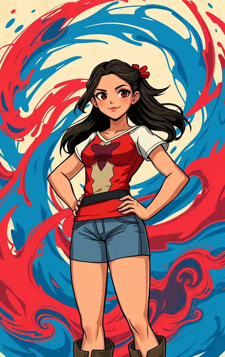Confident young heroine framed by swirling blue and red patterns
