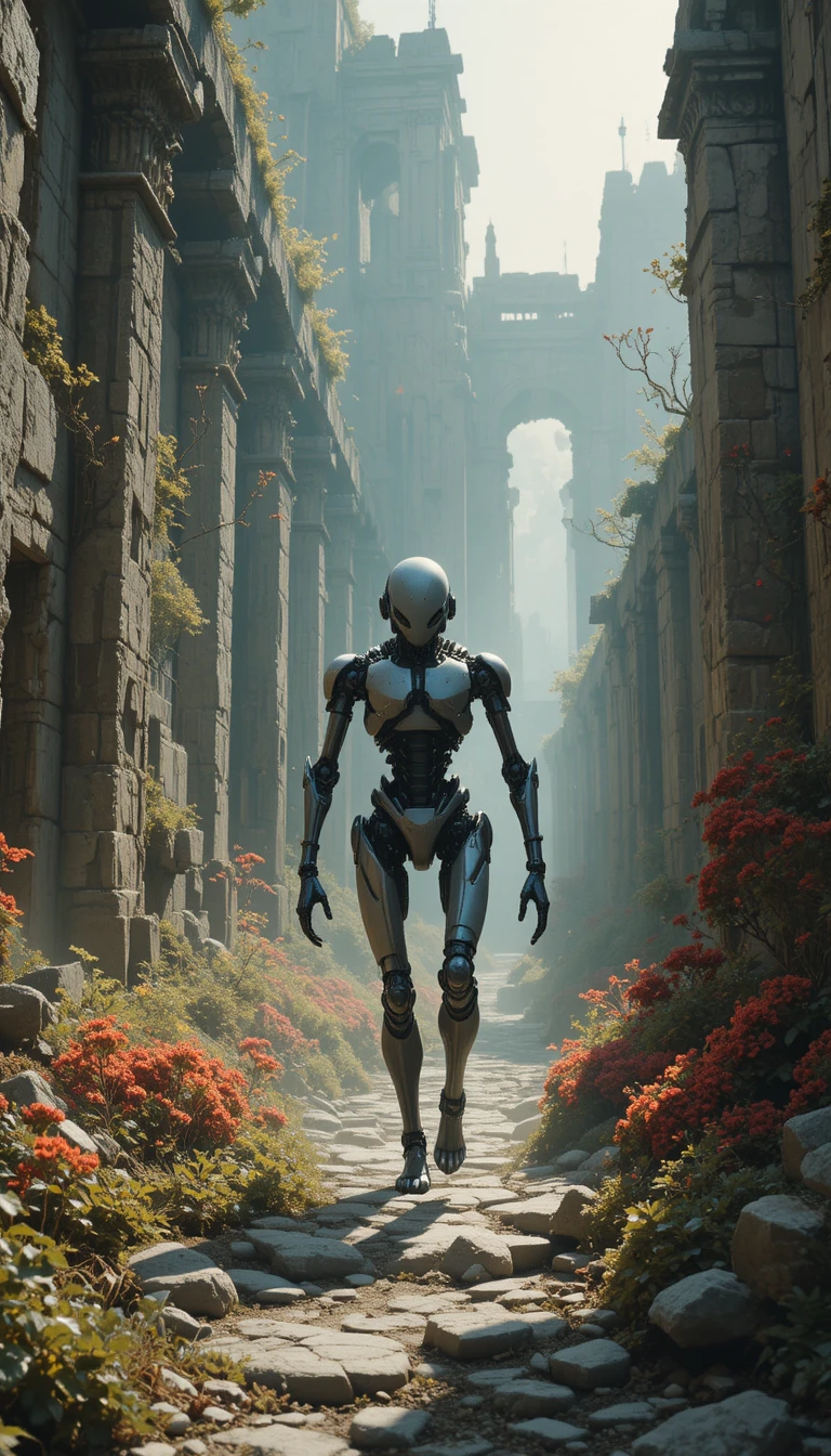 草に覆われた古代の石の遺跡を歩く孤独なロボット