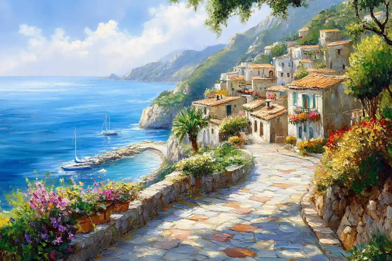 Mediterranean town path leading through greenery to the sea