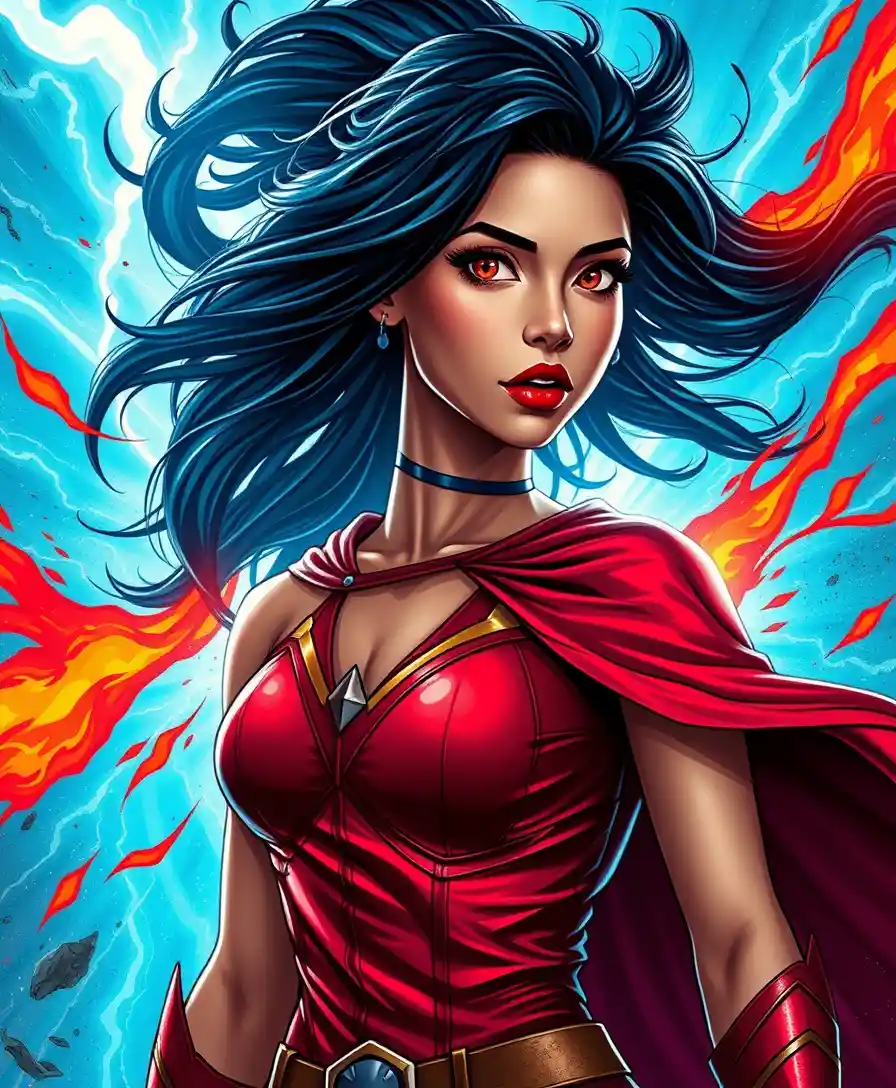 Brave young heroine in electric blue and red energy