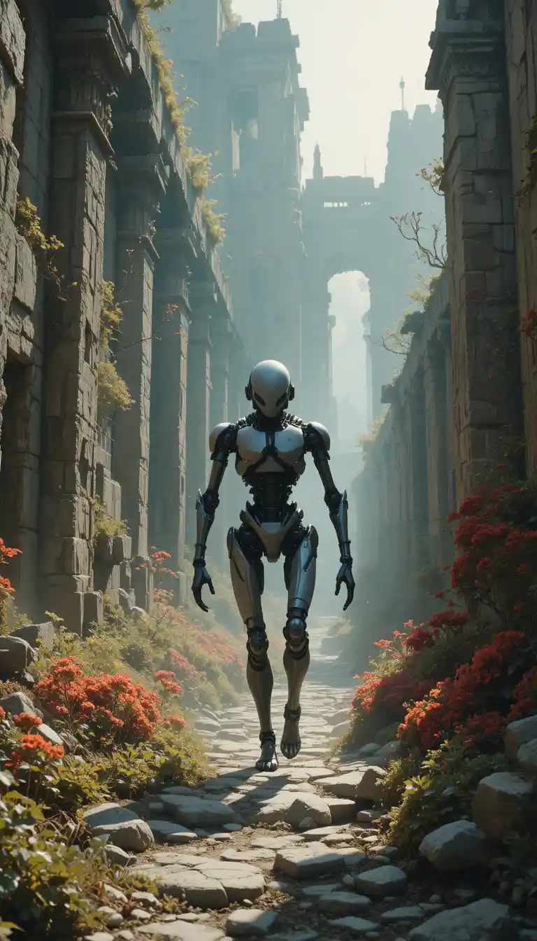 Robotto solitario che cammina tra antiche rovine di pietra ricoperte di vegetazione