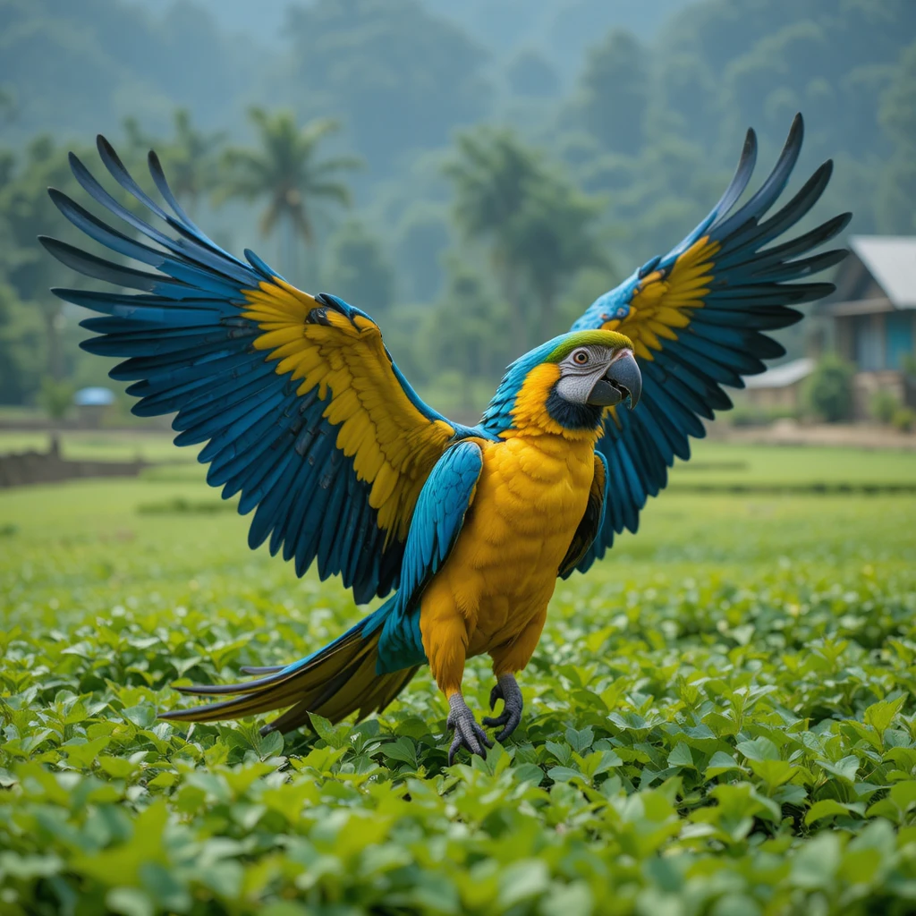 Colorful parrot landing over lush green farmland at midday