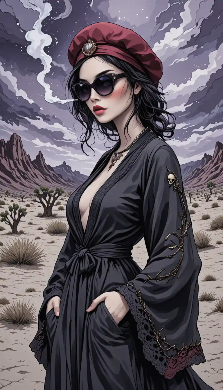 Gothic fashion woman smoking in a stormy desert