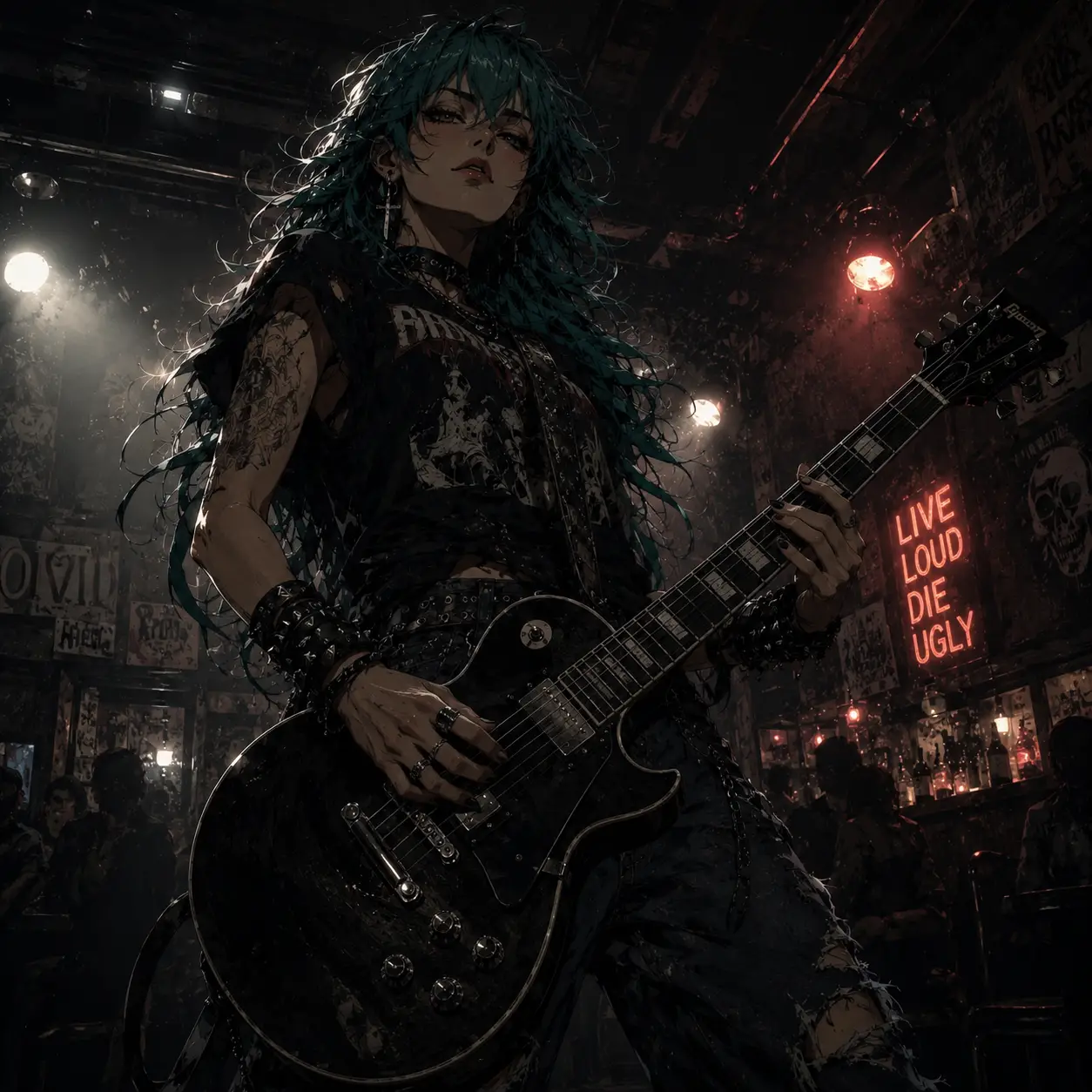 Guitarist Performing On Stage In A Dark Dive Bar