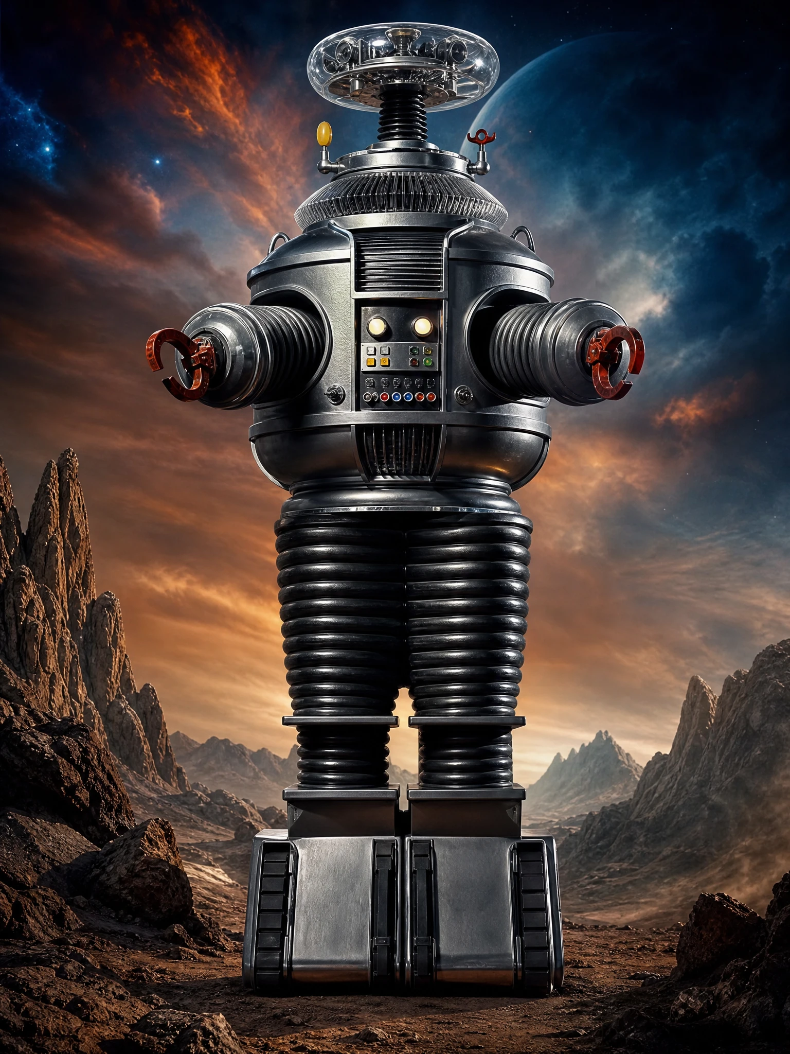 Epic full body portrait of a gleaming humanoid robot