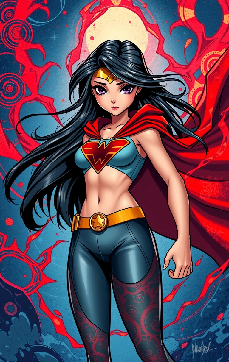 Fearless young heroine amid swirling blue and red energy