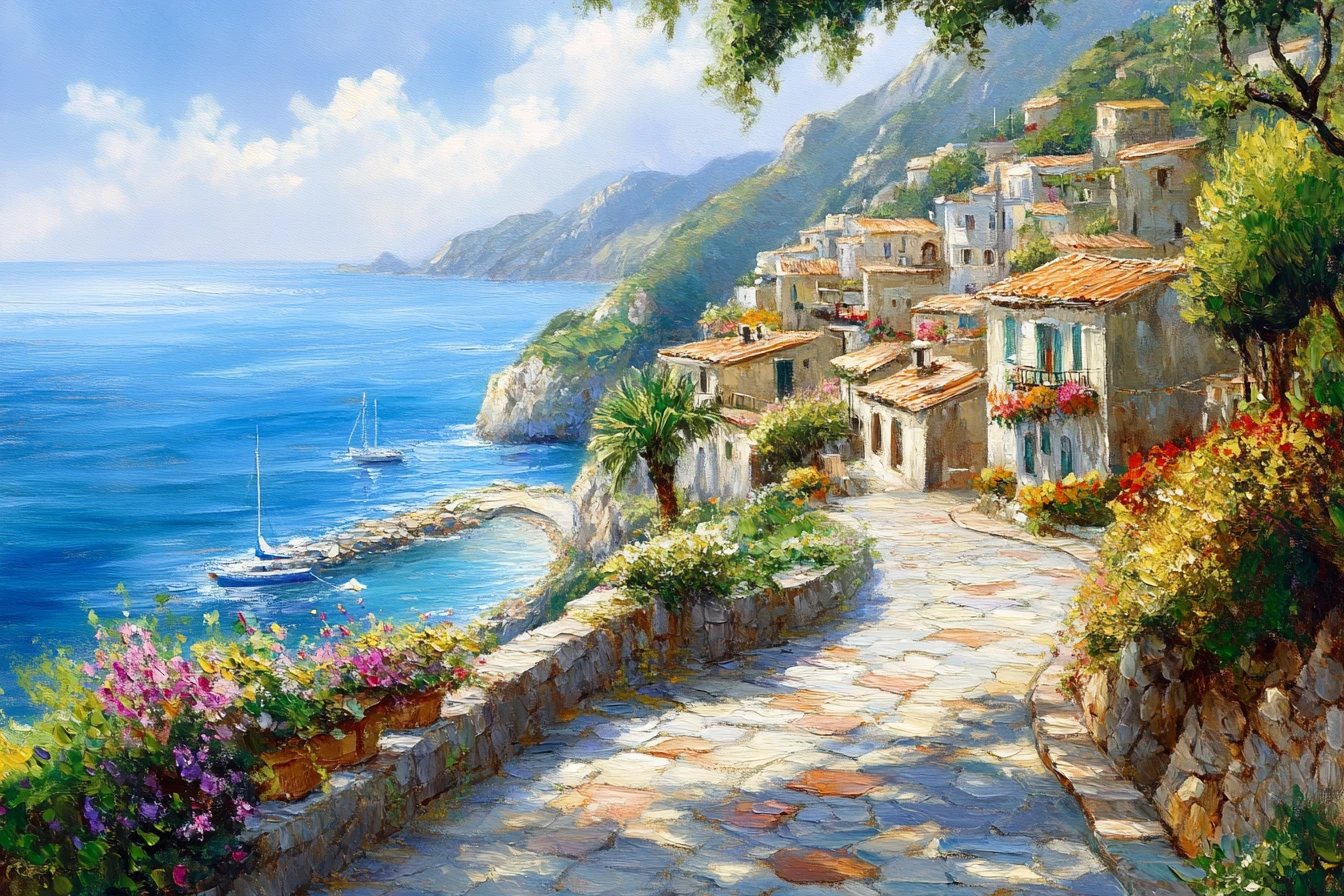 Mediterranean town path leading through greenery to the sea