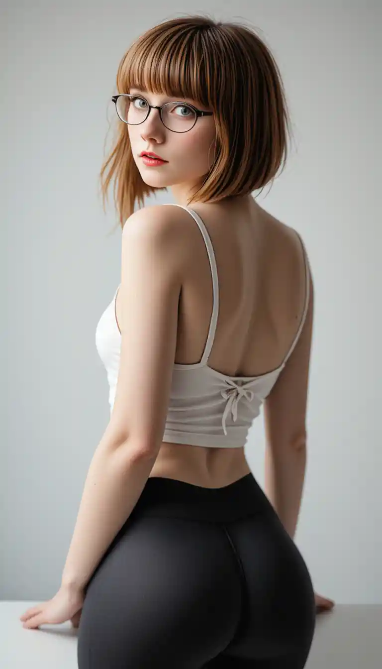 Curvy woman in tank top and leggings leaning forward