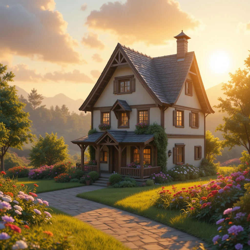 Charming 3D countryside house glowing in warm sunrise light