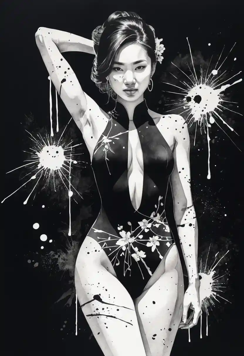 Elegant woman in monokini rendered as white ink drawing