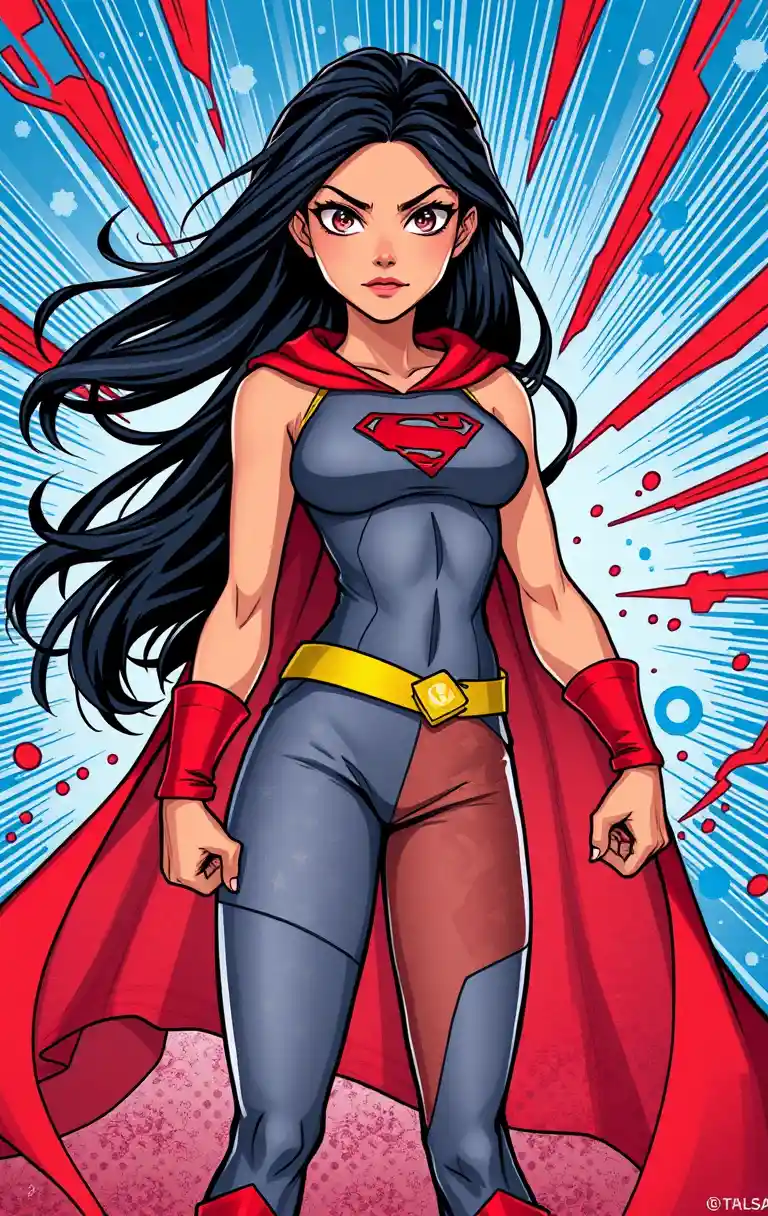 Fearless young heroine with flowing dark hair and power