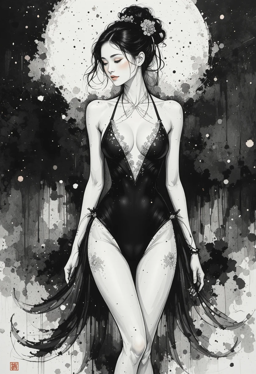 Elegante ritratto a inchiostro di una donna in monokini