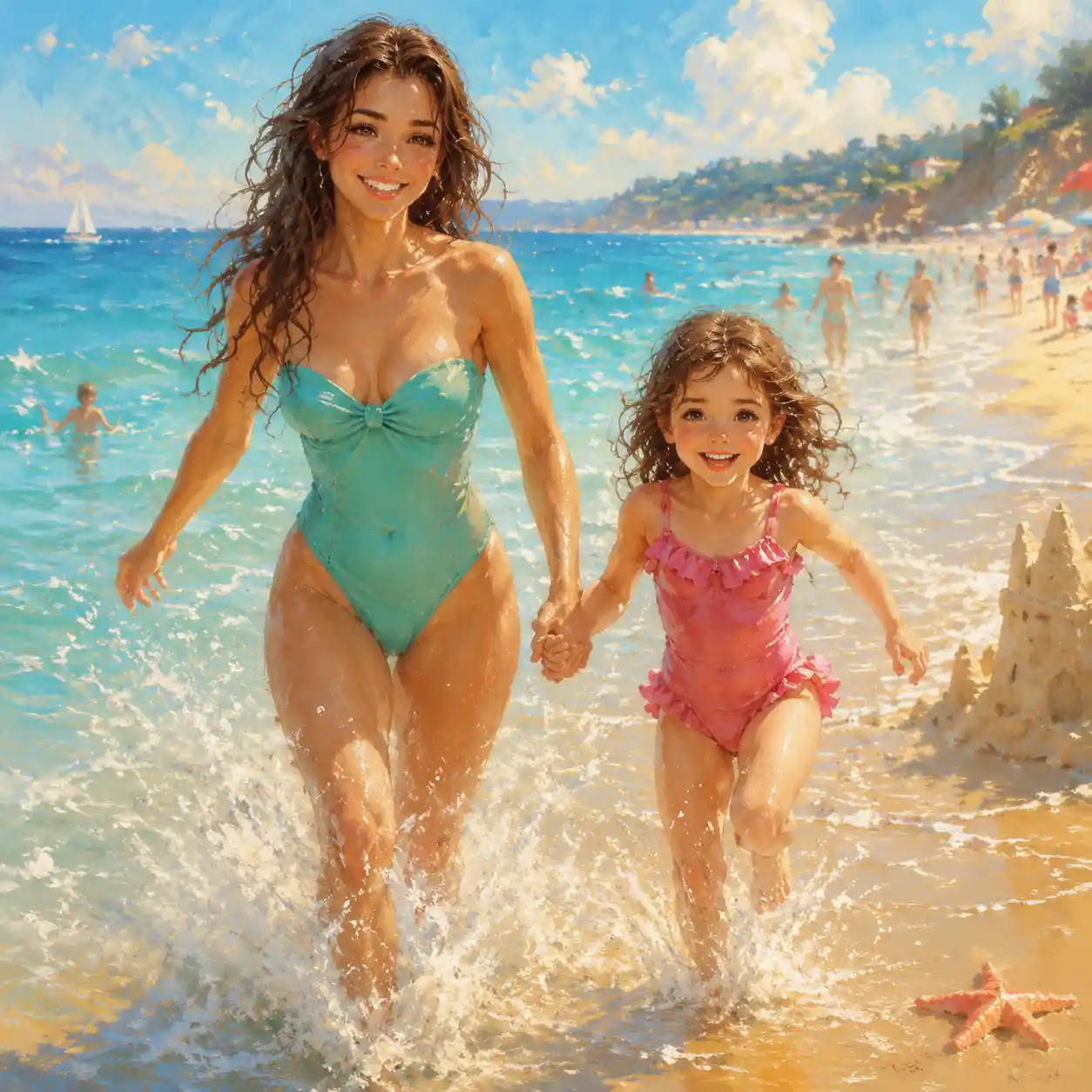 Mother and daughter running from the sea on sunny beach
