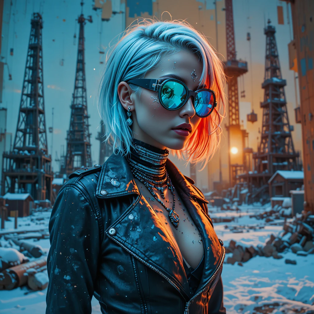 Fearless cyberpunk woman on a decayed industrial poster wall