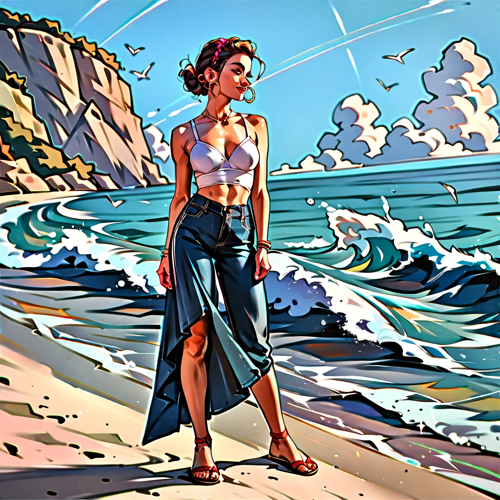 Young woman on a quiet moonlit beach with gentle waves