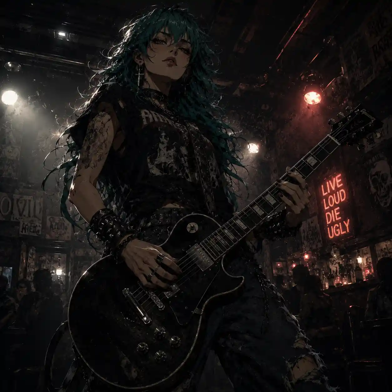 Guitarist Performing On Stage In A Dark Dive Bar