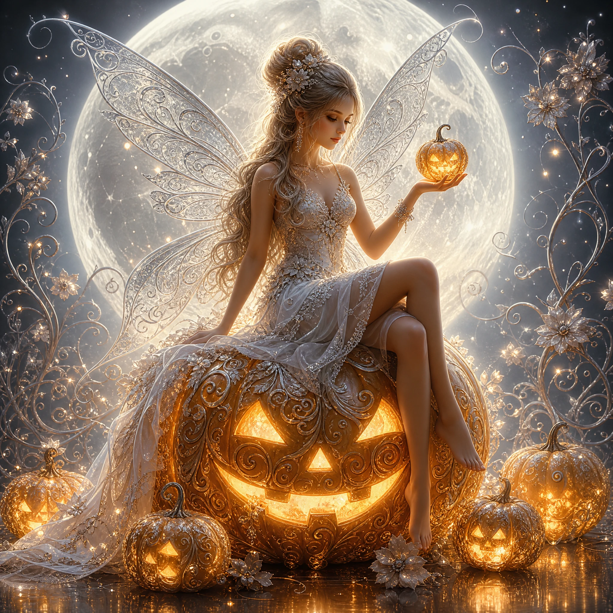 Graceful fairy sitting on a glowing carved pumpkin