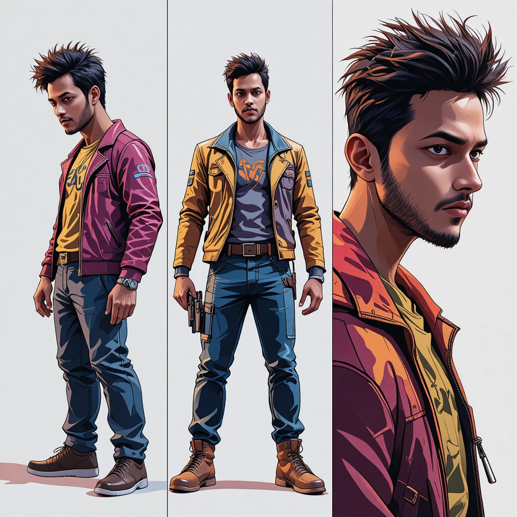 Character sheet with three cinematic views of a woman